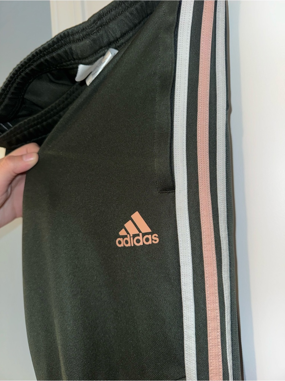 Adidas Women’s Olive Track Pants with Pink & White Stripes XS
